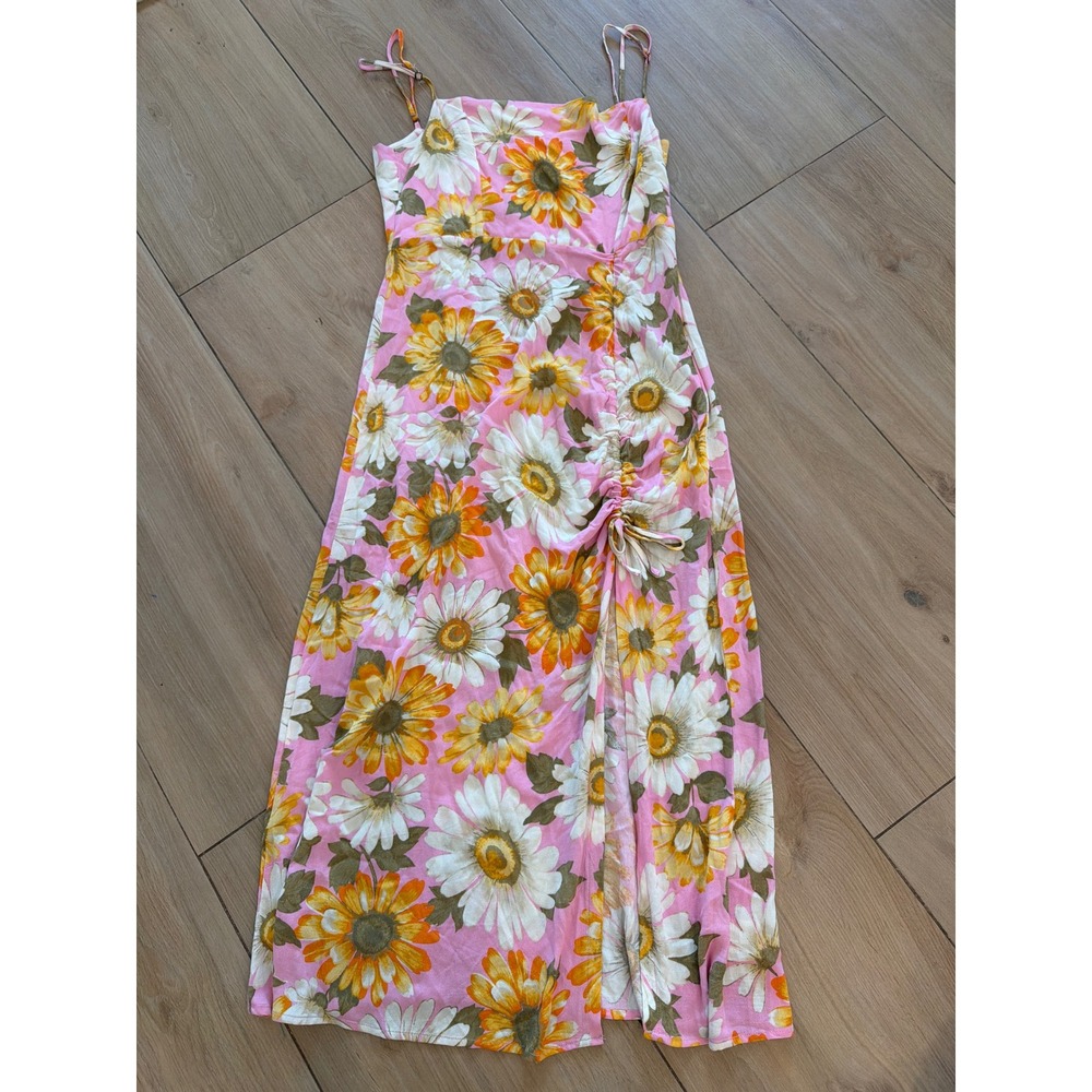 O'Neill Women Pink Sunflower Floral Ruched‎ Side Slit Midi Dress Size L